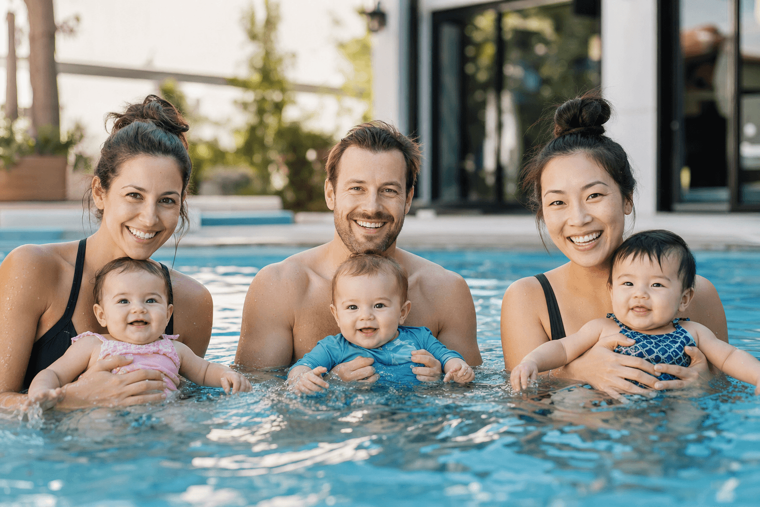 Three parents holding their babies in a backyard swimming pool during swim lessons