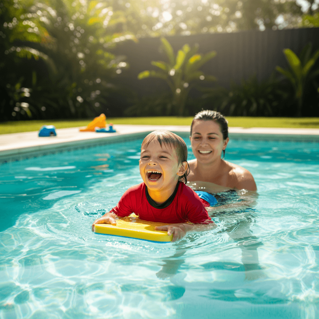 Child smiling with kickboard in backyard pool